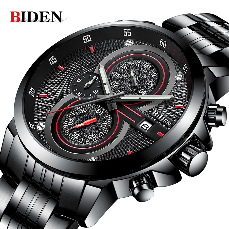 JAM TANGAN PRIA BIDEN 0085 BLACK FASHION / SPORT MODEL KLASIK ANTI AIR QUARTZ STRAP RANTAI