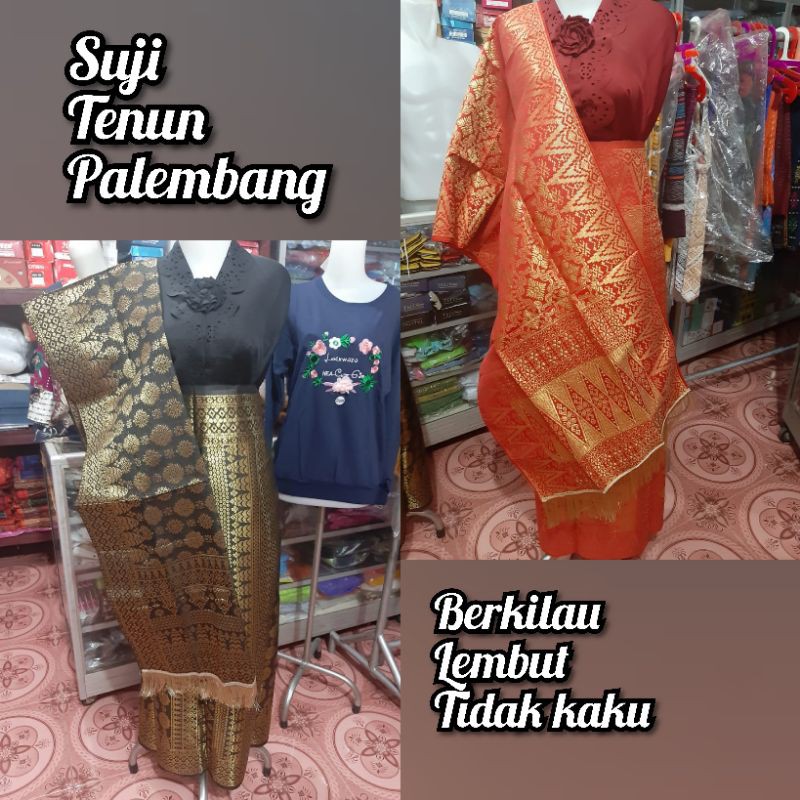 SONGKET SUJI TENUN PALEMBANG SARUNG SELWNDANG MURAH MERAH HITAM GOLD BERKILAU BAWAHAN KONDANGAN