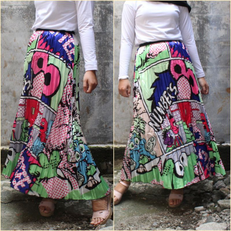 Rok Plisket Printing Import Motif ELMO Model Panjang dan tujuhpersembilan