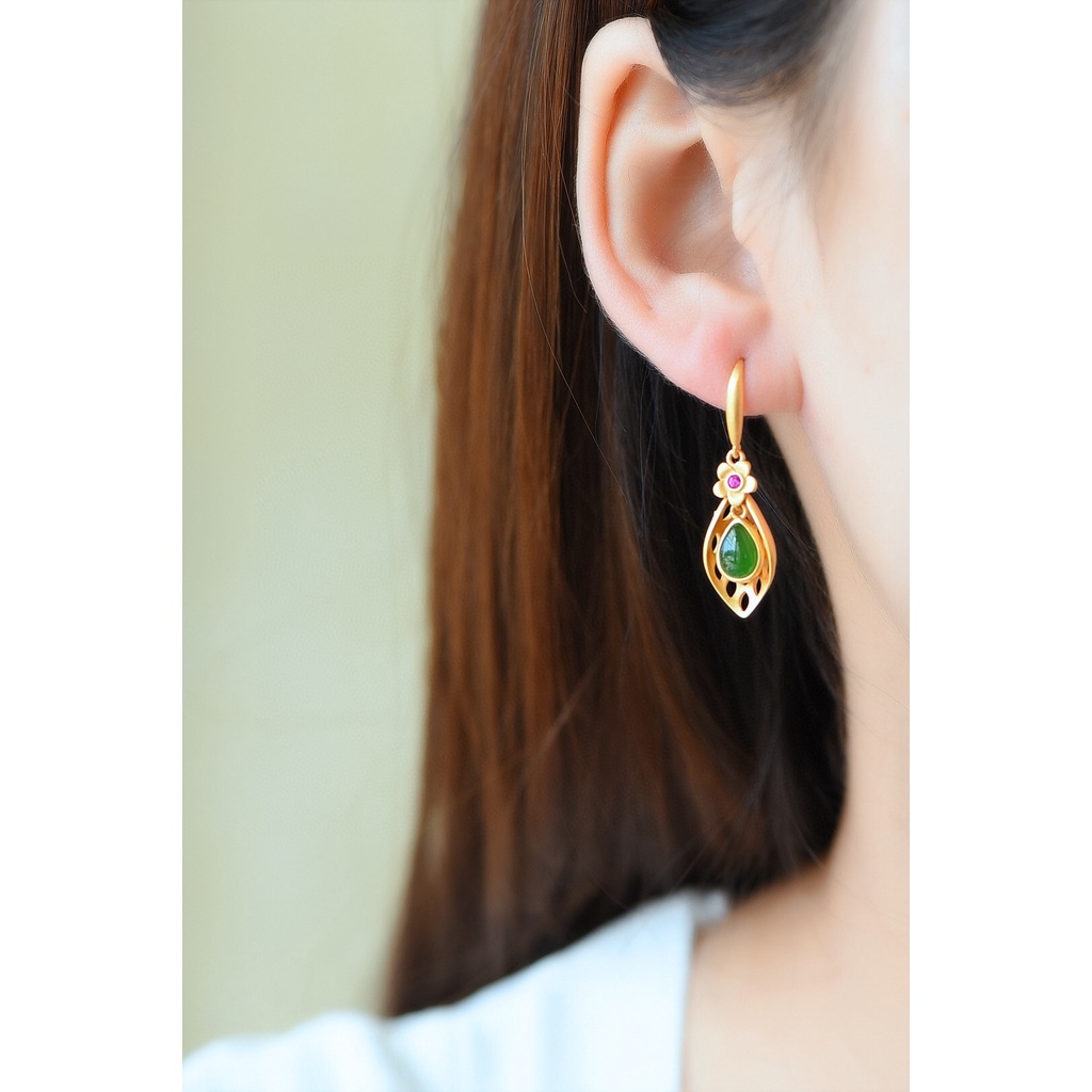 Goldkingdom Perhiasan Fashion Emas Asli Kadar 375 Bangkok Aksesoris Ready Stock Gaya Cina Berlapis Emas Hijau Hetian Giok Jasper Wanita Gaya Ibu Anting Vintage