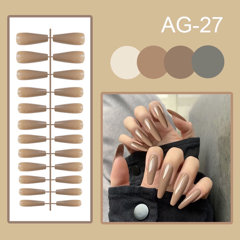 24pcs / Set Kuku Palsu Panjang Bentuk Trapesium Bahan Akrilik Warna Solid Untuk Nail Art