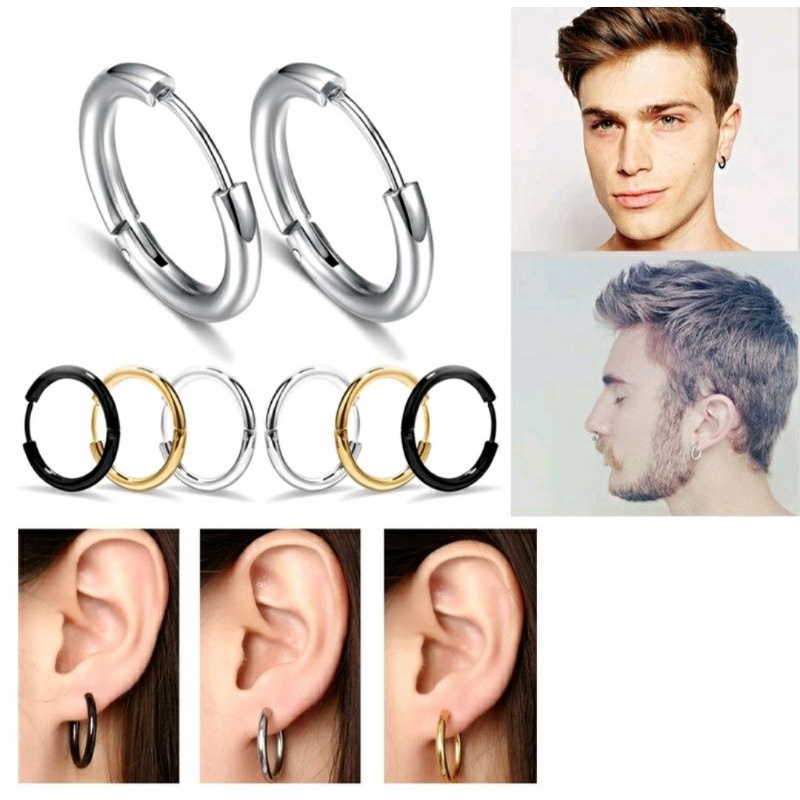 Anting Hoop Pria Dan Wanita Titanium emas silver dan hitam Asli Titanium