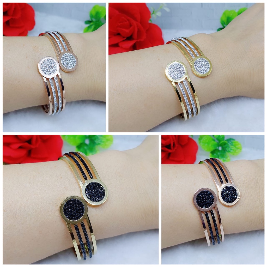 Set Gelang dan Cincin Titanium Permata Putih&amp;Hitam