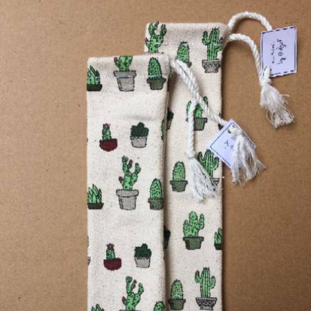 Pouch Serut Kanvas Sedotan / Pouch Motif Sedotan Stainless / Reusable Straw Bag