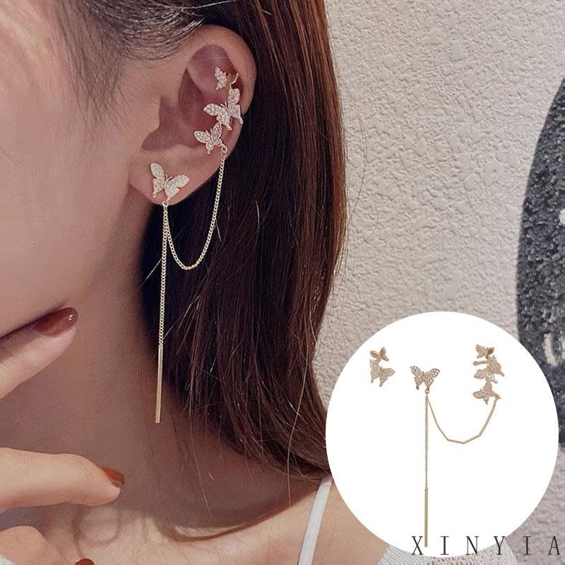 【COD】Korea Anting Fashion Asimetris Rumbai Stud Rumbai Panjang Desain Kupu-Kupu Untuk Musim Panas Warna Silver