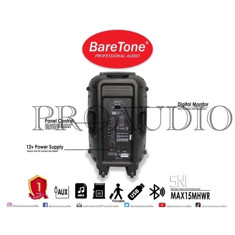 Portable Baretone MAX 15MHWR MAX 15 MHWR Speaker Portable Aktif Free 2 Mic Wireless 15 Inch Garansi 1 Tahun Original