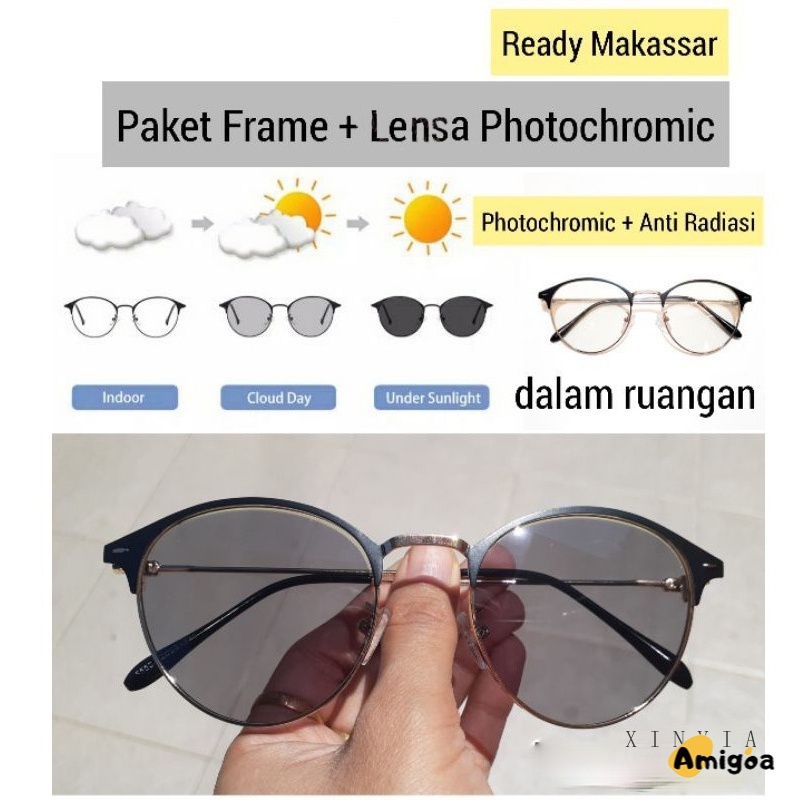 [2 In 1 Photocromic] Kacamata Lensa Photocromic + Anti Radiasi Blueray (Bluechromic) Pria Wanita Frame Besi Photochromic - AG2