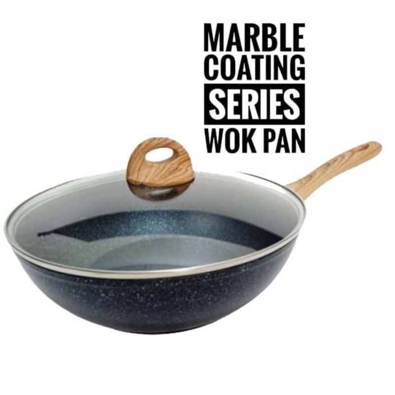 TEFLON WOK PAN DALAM 30 CM + TUTUP KACA MT-30TP WAJAN MARBLE ANTI LENGKET PENGGORENGAN KUALI WAJAN
