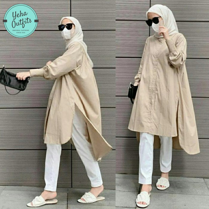Tunik Ailen Muslim Baju Atasan Dress Gamis Jumbo Polos Terbaru Cream N6P5 Baju Tunik Trendy Fashion 