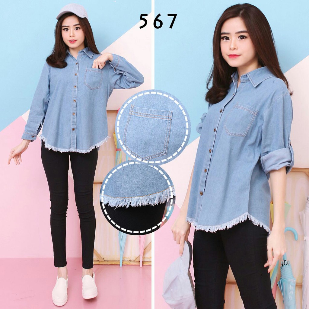 (BISA COD) fashion wanita size M|L,XL kemeja jeans terlaris kemeja cewek kemeja okie - panteloni