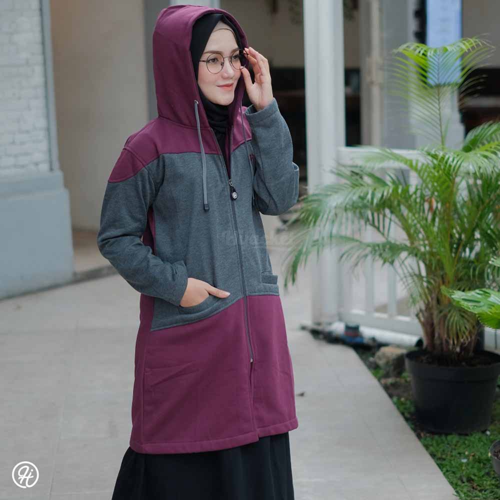 Jaket Jacket Hoodie Panjang Wanita Cewek Muslimah Hijabers Hijacket Fleece Terbaru Kekinian HJ HYR-Abu Tua + Ungu