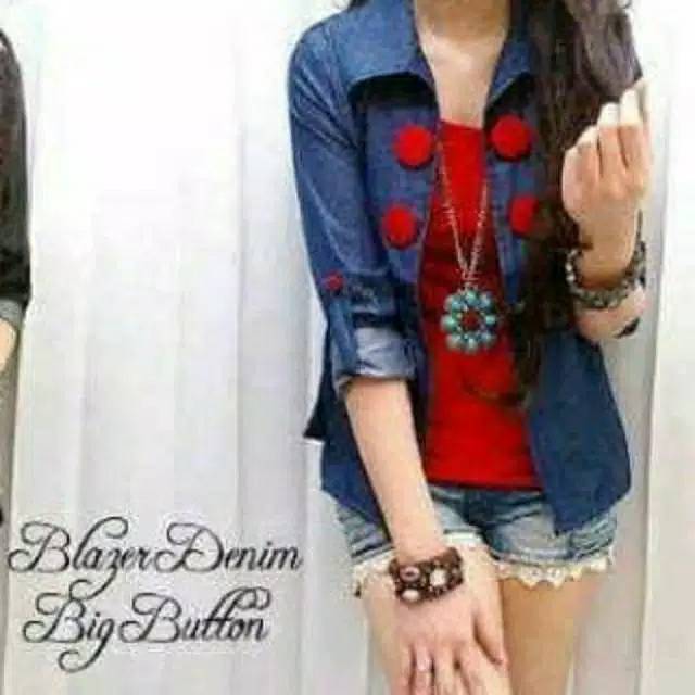 Blazer soft Denim dengan Kancing Besar + Iner merah