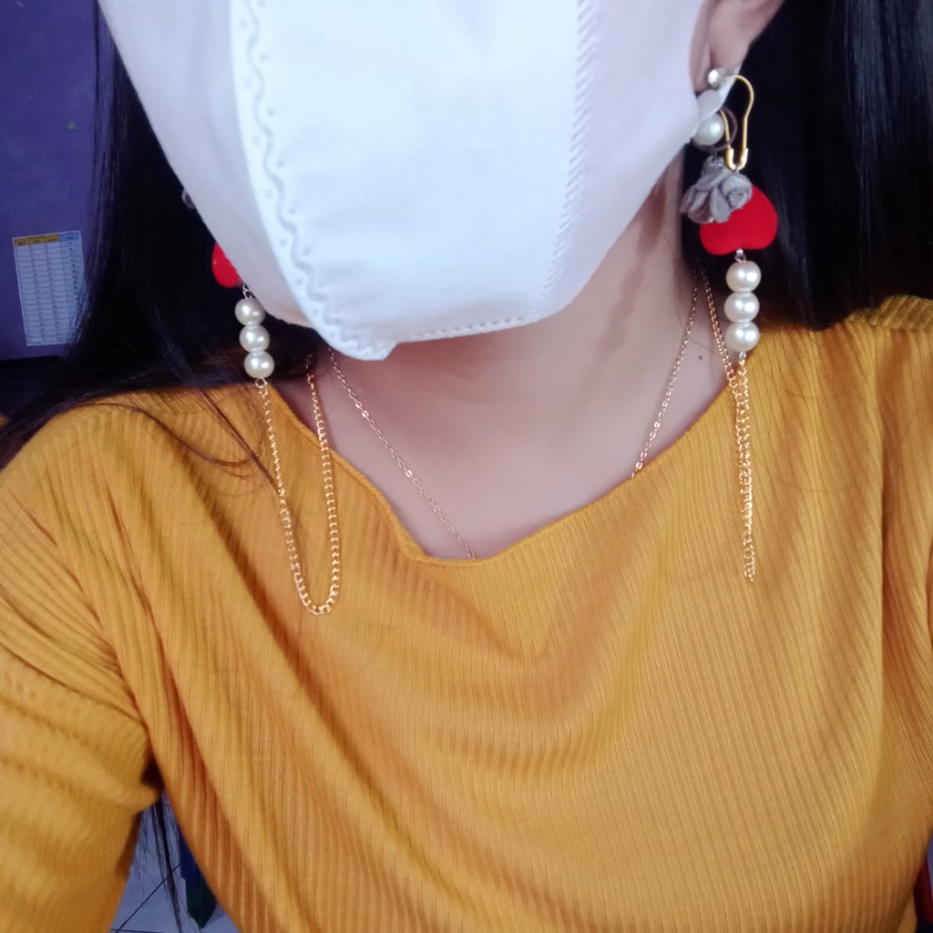 Strap masker mutiara love/kalung masker/lanyard masker kalung masker mutiara LOVE konektor hijab