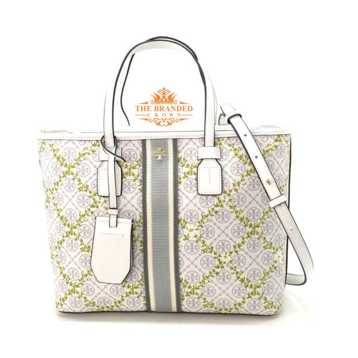 Tas Tory Burch T Monogram Top Zip Floral Vine Small Tote Bag