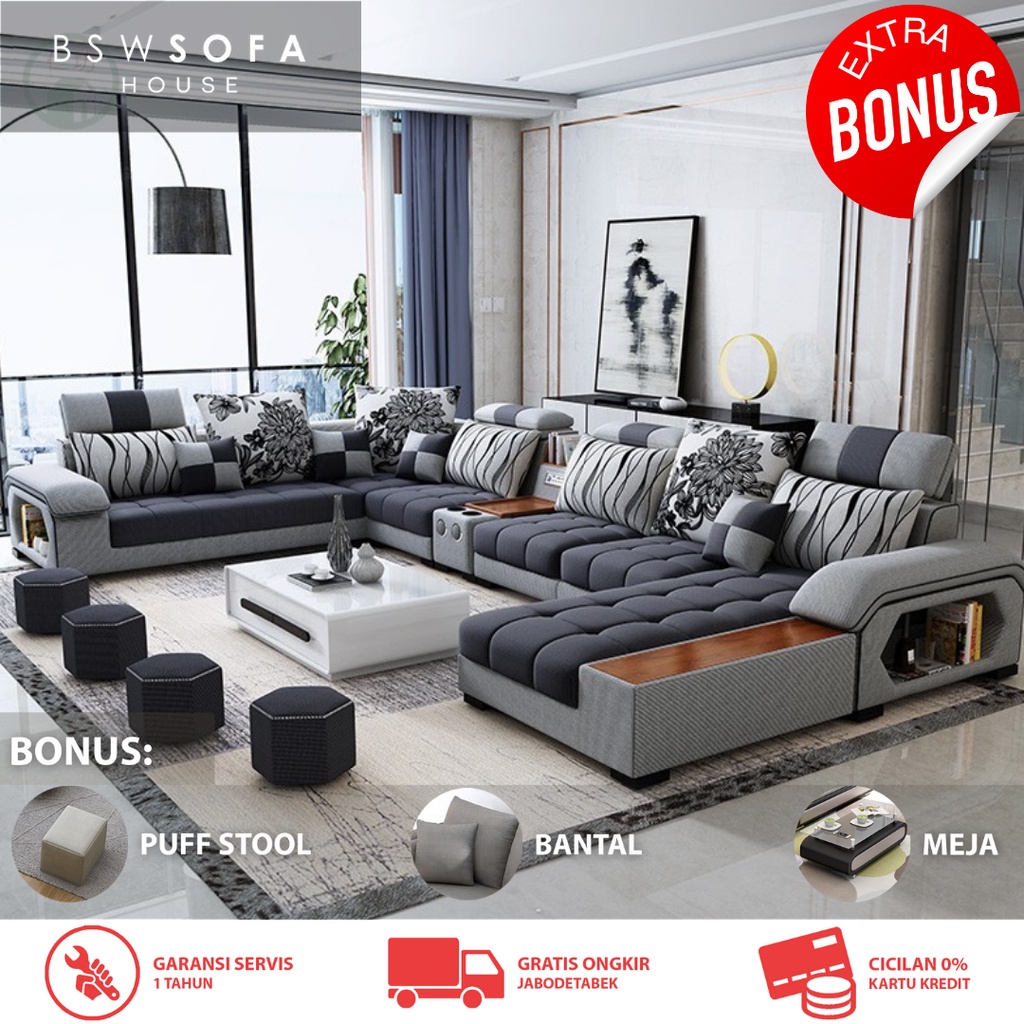 BSW003U SOFA L BED MINIMALIS SOFABED KURSI RUANG TAMU & KELUARGA MEWAH PREMIUM MODERN MURAH LETER U 
