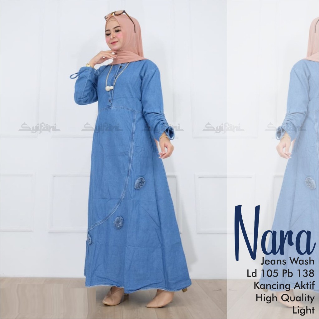 GAMIS MAWAR NARA DRESS MAXI ORIGINAL JEANS WASH KEKINIAN GBM