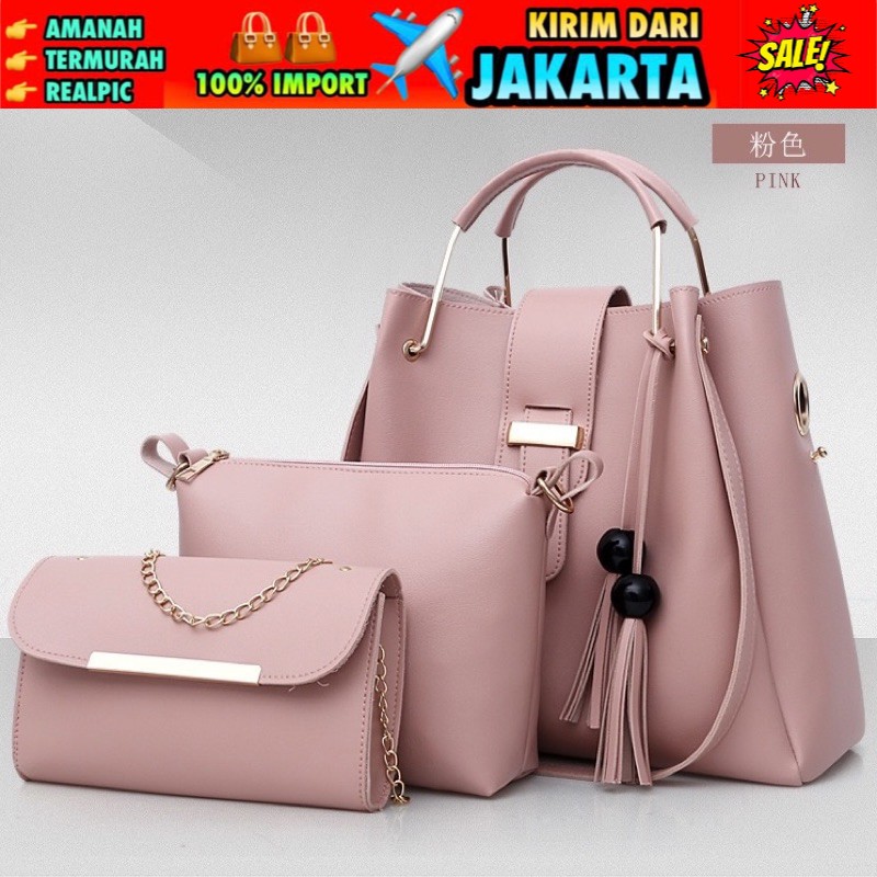 TI 3039 -  TAS PAKET WANITA 3 IN 1 HANDBAG WANITA MURAH BATAM - B