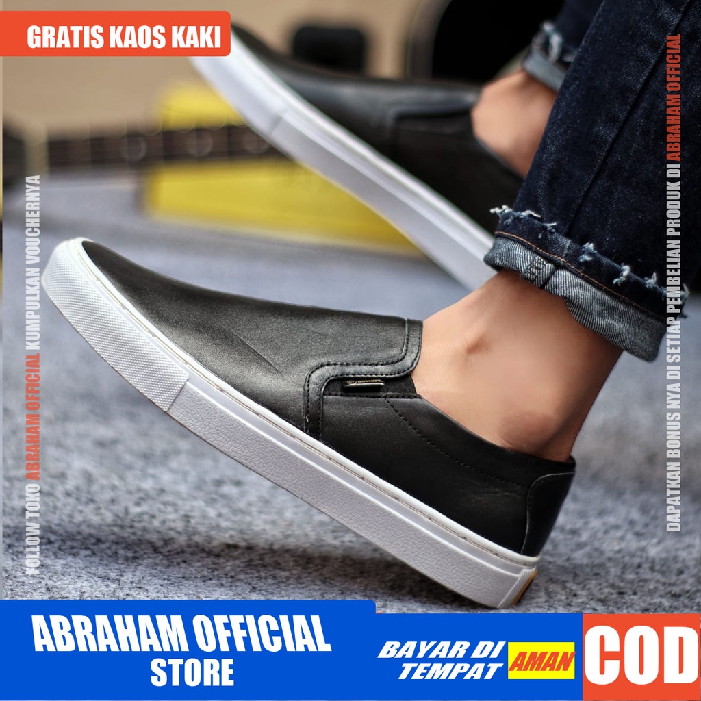 ABRHM x MORI Sepatu Slip On Pria Sepatu Pria Casual Sepatu Cowok/Cowo Kulit Asli Ori Sepatu Kasual Slop Anti Slip Semi Formal Kerja Kuliah Gaya Santai Keren Kekinian Original Murah Terlaris