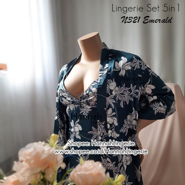 Lingerie M-XXL 5in1 Baju Tidur Seksi Satin Silk Isi Untuk Kado Suami Istri Seserahan Malam Pertama N321 Floral Mewah