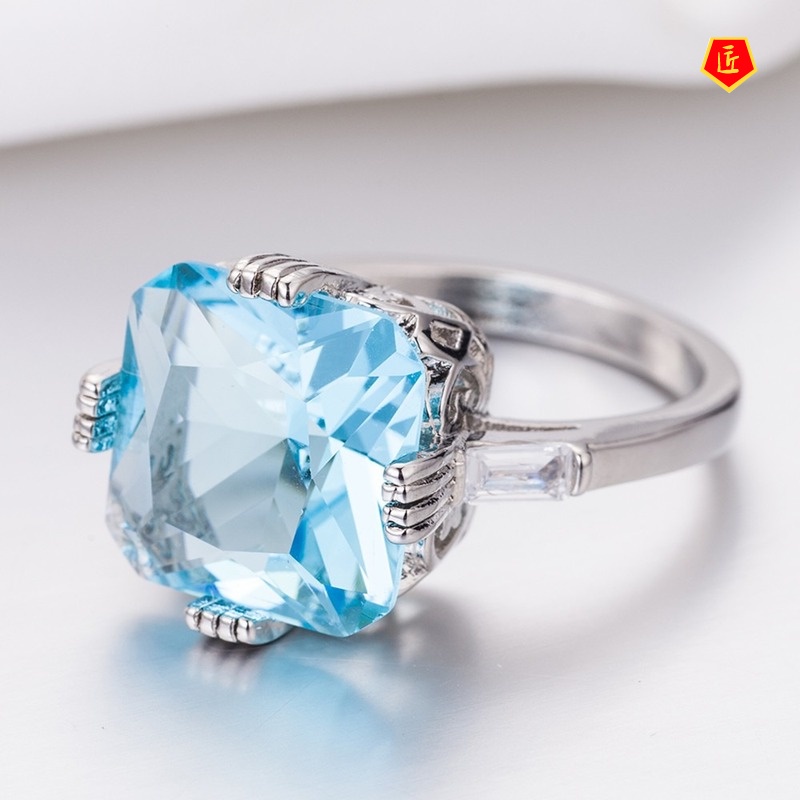 [Ready Stock]Inlaid Light Blue Topaz Square Diamond Ring Simple and Stylish