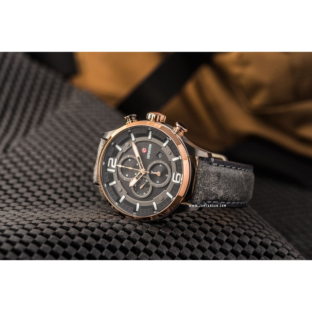Expedition E 6775 MC LGRBA Chronograph Men Black Dial Grey Leather Strap