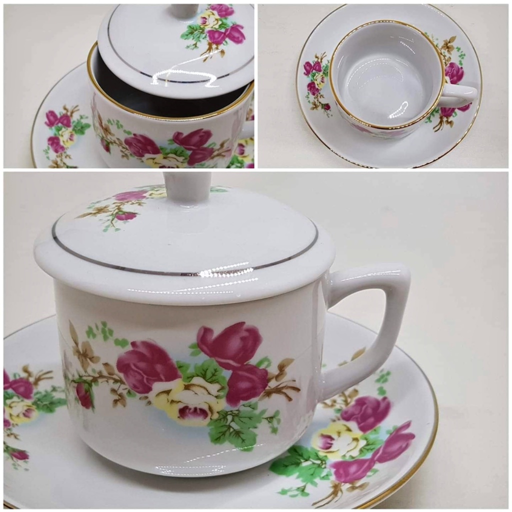 Dapur Unik Cangkir Set Tutup Keramik Motif Bunga /Cangkir Jadul/ Cangkir Kopi