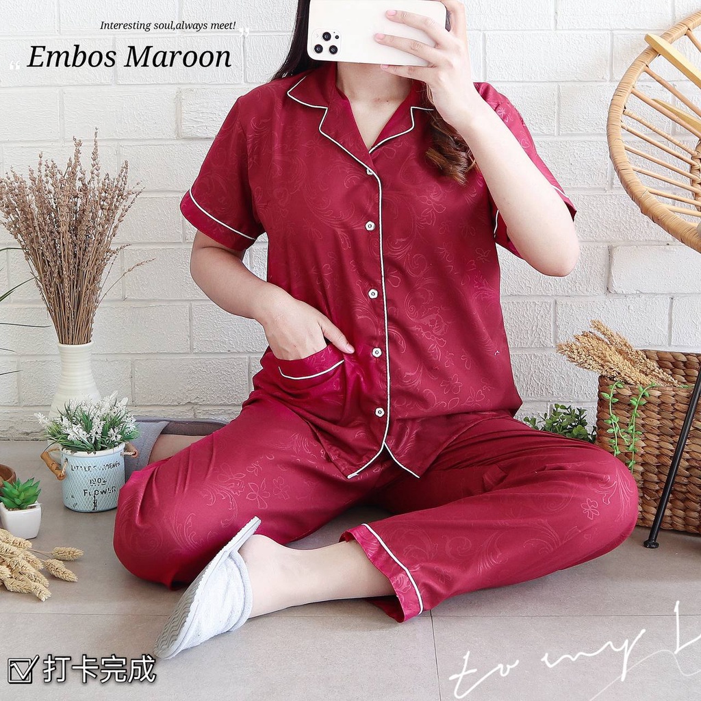 Stelan Piyama Baju Tidur Wanita Lengan Pendek CP Embos Motif Premium LD 102 Cm