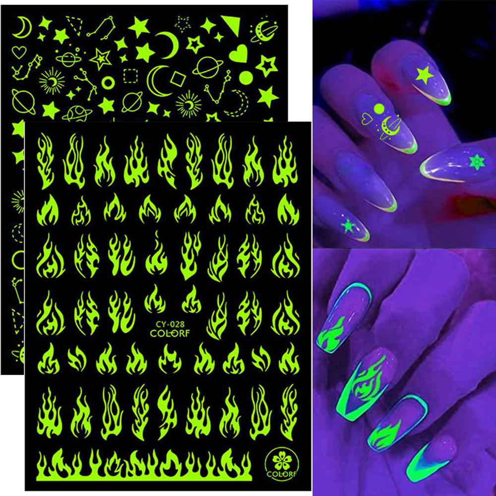 Preva 1/6PCS Stiker Kuku Menyala Dalam Gelap Bintang Mawar Kupu-Kupu Nail Art Glitter Decal