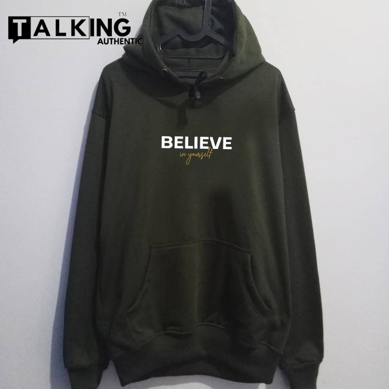 Jaket Sweater Hodie Pria Distro Flece Tebal Sweatshirt Hoodie Pria Wanita Original TALKING AUTHENTIC Switer Polos Unisex Remaja Zipper Polos Sweeter Oversize Topi Kualitas Premium Cotoon Sablon BELIEVE Hijau Army Size M L XL XXL Jumbo Kekinian 2021