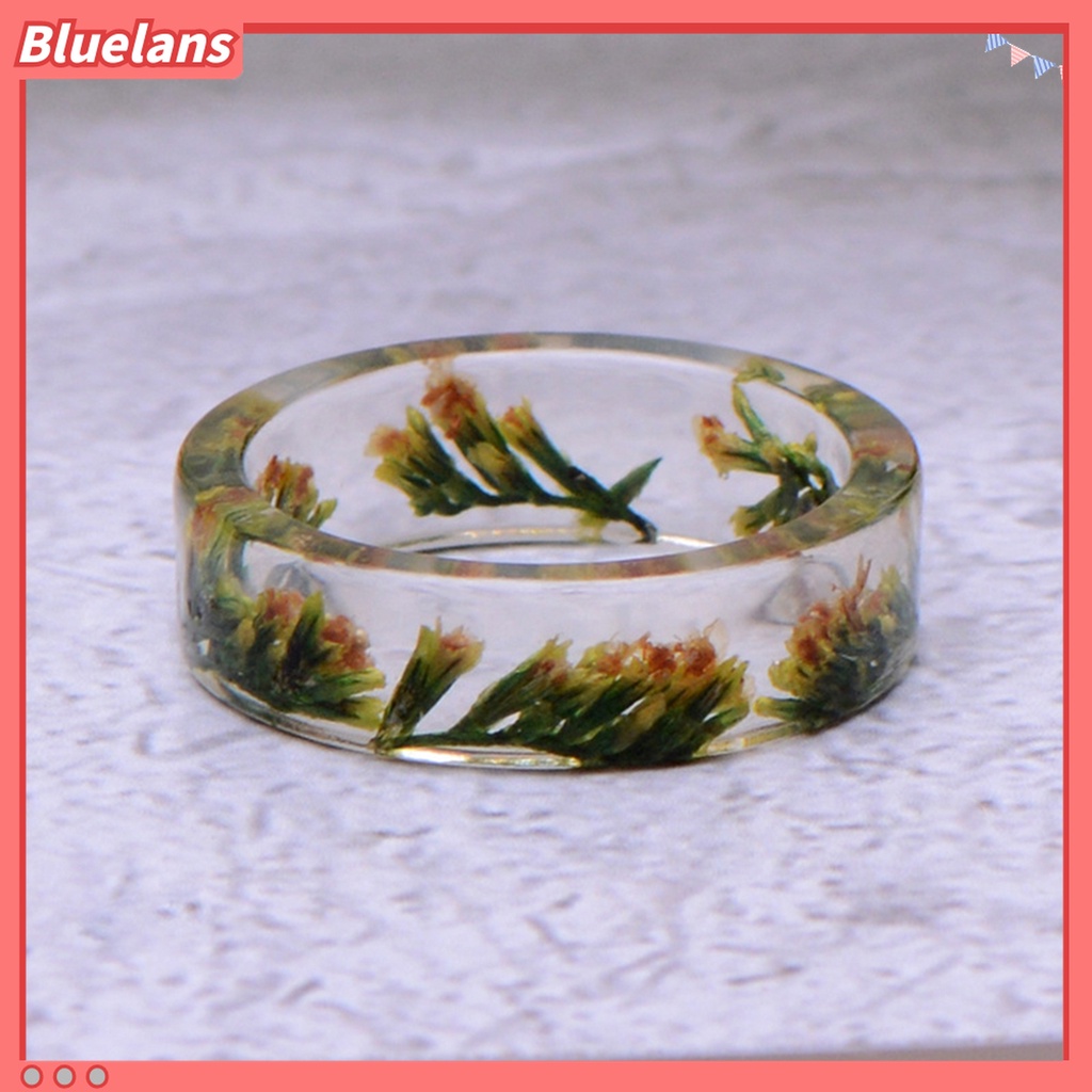 Bluelans Cincin Resin Transparan Aksen Bunga Kering Handmade Gaya Retro Untuk Wanita