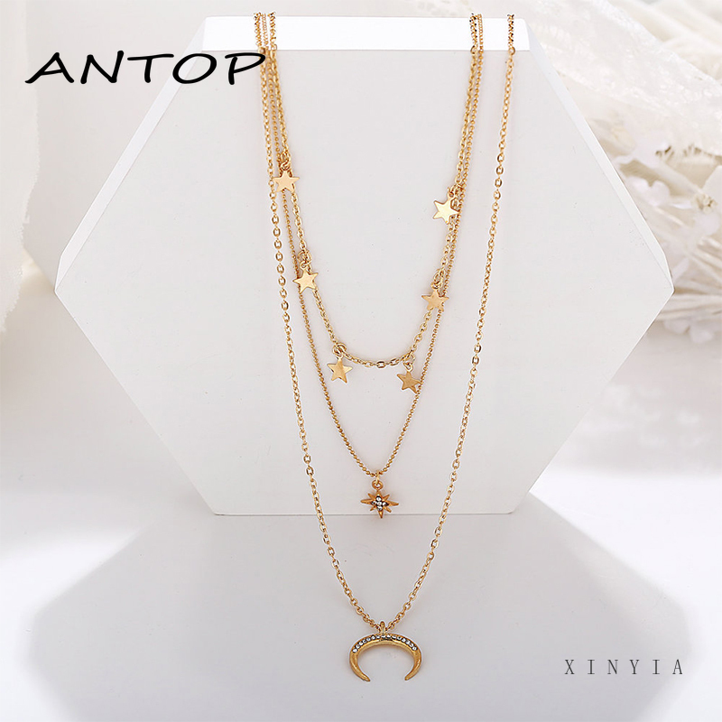 Fashion Kalung Multilayer bintang Kalung Liontin Wanita Aksesoris Wanita moon Multilayer Necklace Pendant Jewelry Accessories ANTOP