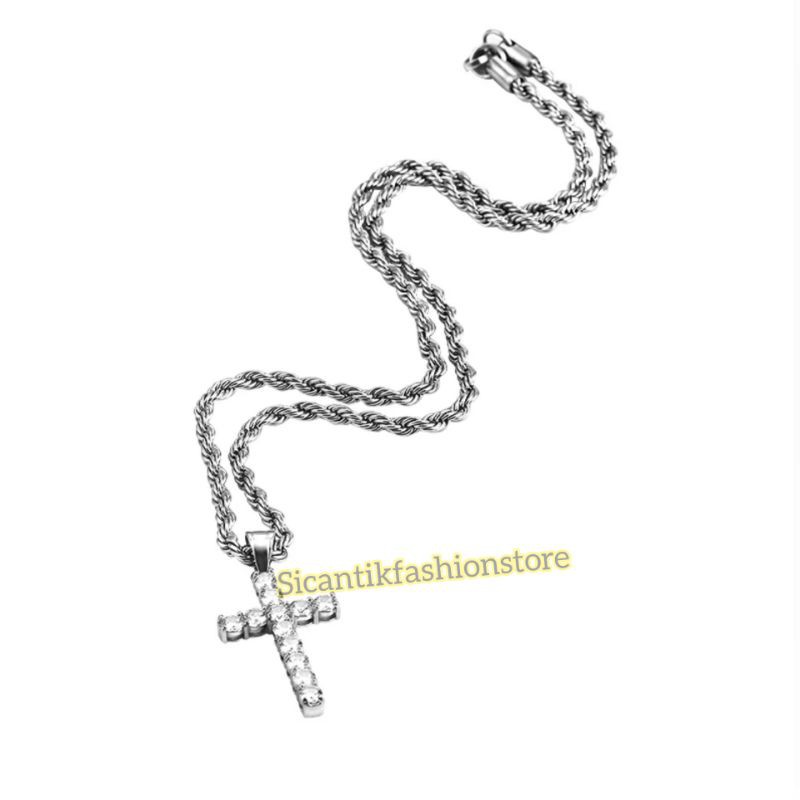 Kalung Titanium tambang lilit liontin Salib silver permata Fashion wanita/pria terlaris anti Karat