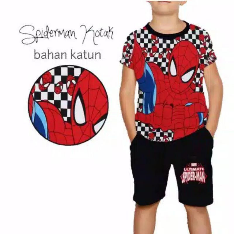 SETELAN ANAK SANTAI SPIDERMAN KOTAK CATUR TERBARU TERLARIS / BAJU KAOS ANAK SPIDERMAN SANTAI