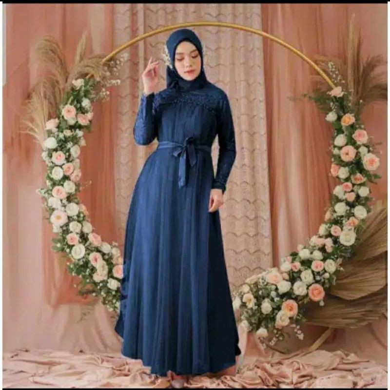 Alesha Fidella Maxi Dress  M - L - XL - XXL /  Gamis Kondangan / Gamis Bridesmaid/ Velvet Tebal Mix Brukat-Navy blue