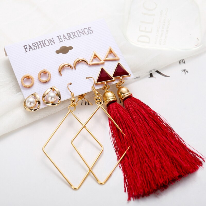 6 Pasang / Set Anting Stud Rumbai Geometris Gaya Etnik Untuk Aksesoris Wanita