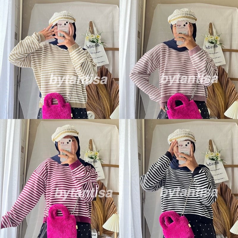 Tq88indonesia Baju Switer Salur Wanita  / RJT Sweater Crop Rajut Stripy / Ootd