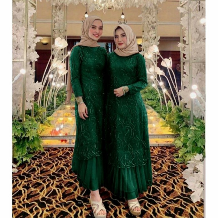 Gamis Adelia Bahan Tile Mutiara - Hijau Botol, L