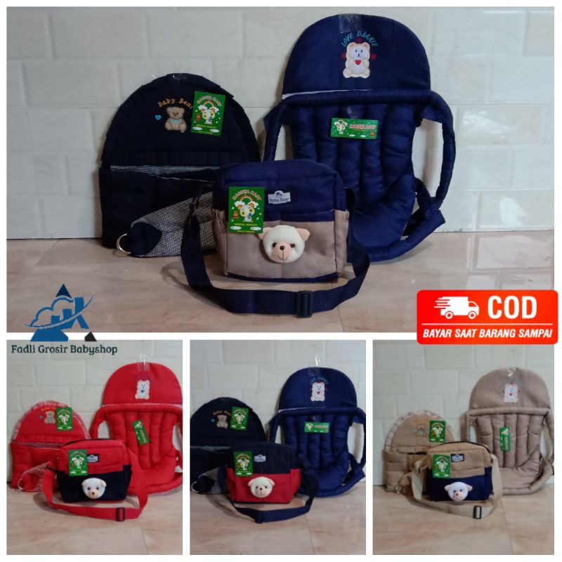 Tas Bayi Boneka Beruang Gendongan Bayi Samping Topi Bordir Dan Gendongan Bayi Depan Bordir (3 in 1)