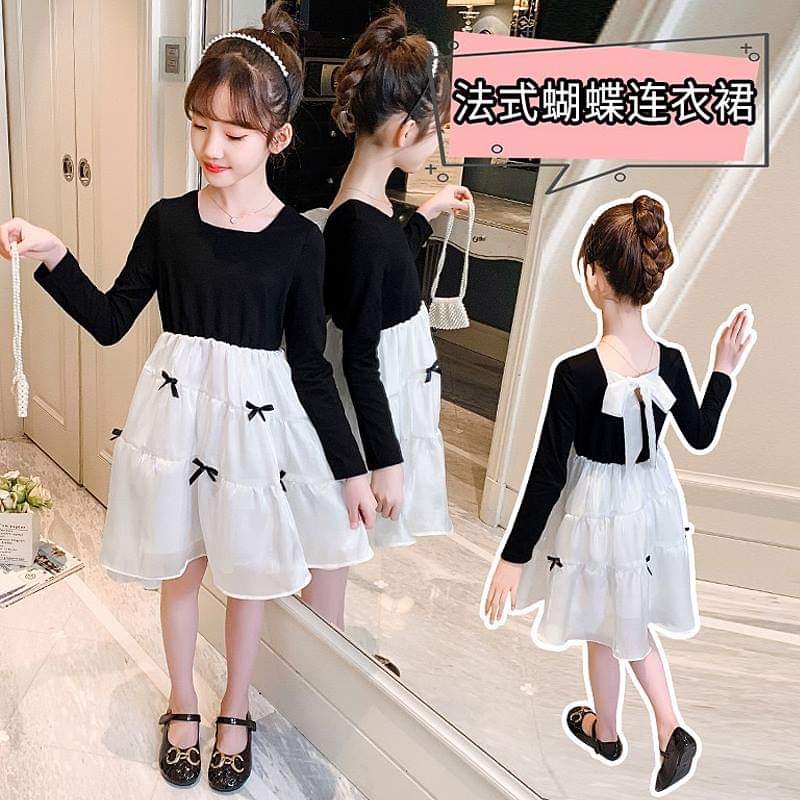 Dress Anak Warna Hitam Putih Motif Pita Gaun Anak Black White Impor
