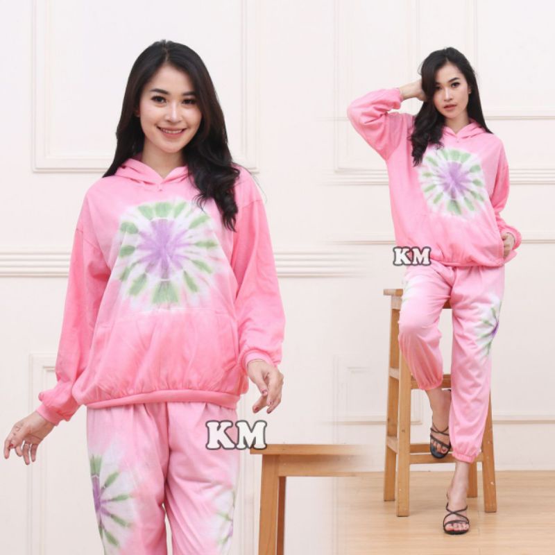 Setelan CP Sweater Hoodie Tiedye Set Celana Joger One Set Tiedye Fashion Baju Wanita Kekinian-Hodie mentari Pink