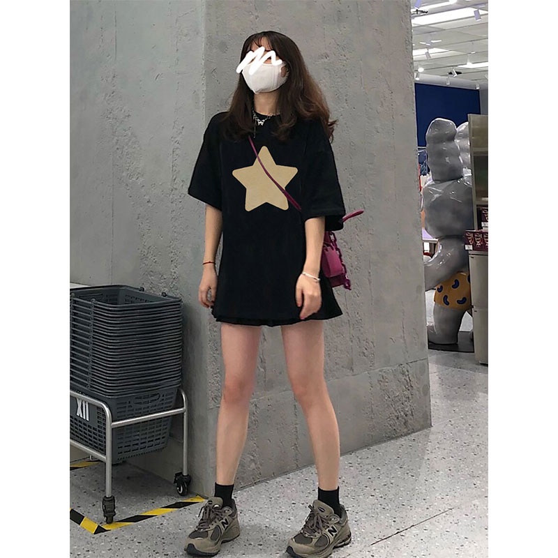 EUNII T-shirt Lengan Pendek Amerika Retro Hitam Cetak Bintang Longgar Korean Style/Kaos Atasan Wanita/Baju Kaus Oversize Wanita