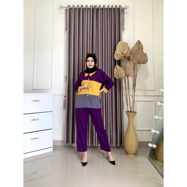 One Set Wanita  Rainbow Rayon Premium Setelan Wanita Lengan Panjang Set Celana Panjang Kekinian LD 110 cm