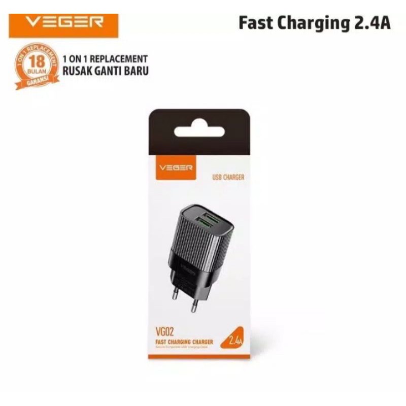 Charger VEGER dual output VG02 fast charging 2.4a / batok charger VEGER 2.4a 2output