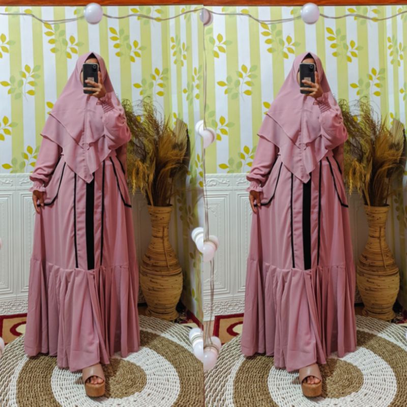Gamis Syari Ceruty Babydoll Premium Set khimar Wanita Muslimah Rempel Bawah terbaru