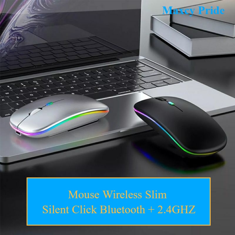 Mouse Wireless Simple Ultra Slim Rechargeable Silent Click DPI With RGB Led Light Untuk Macbook Ipad Windows IOS Android (2.4 Ghz &amp; Bluetooth)