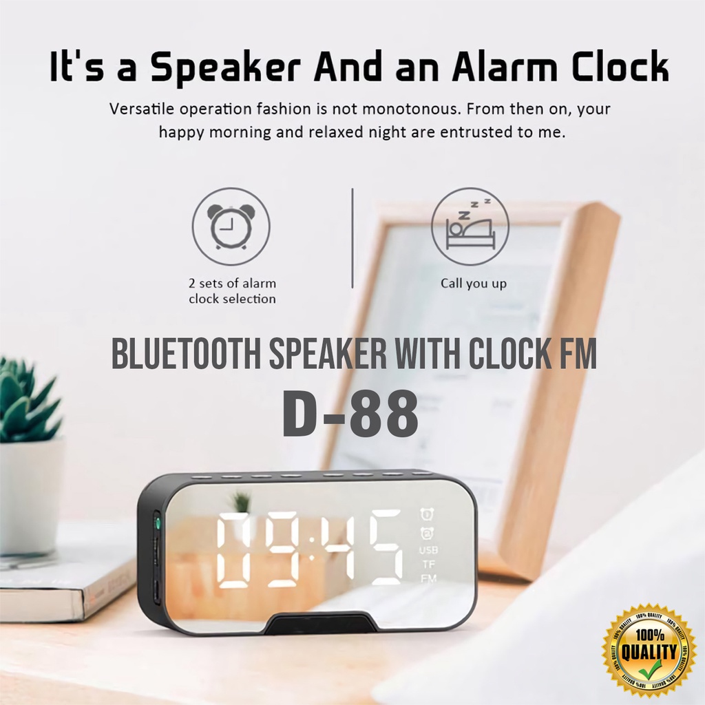 Speaker Bluetooth FM Jam Alarm LED Display Clock - Ultra Bass D88