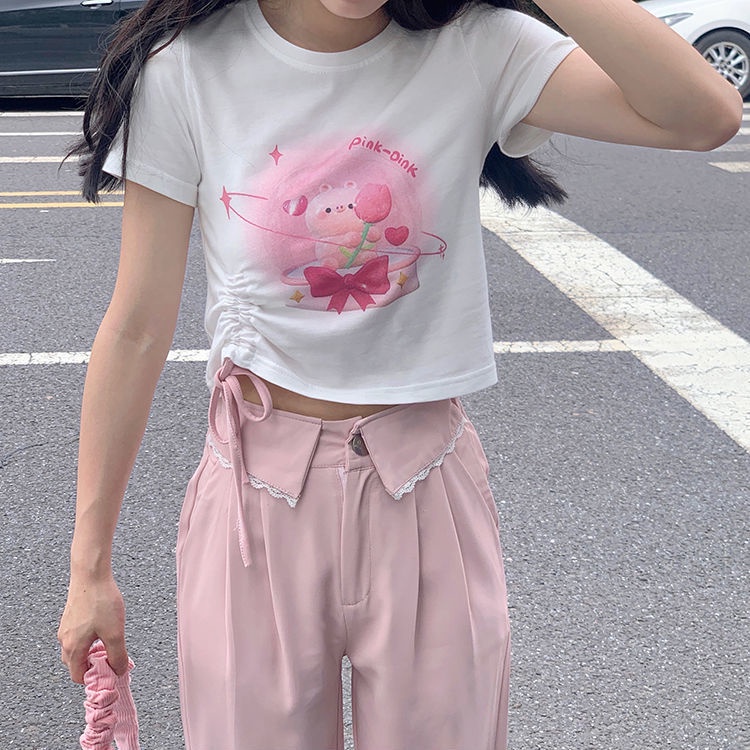 2022 Jepang Musim Panas Baru Kartun Babi Babi Cetak Serut Pendek Slim Lengan Pendek T-shirt Mahasisw