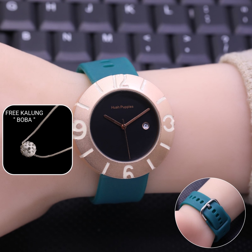 BEST SELLER JAM TANGAN WANITA HUSH PUPPIES FM65 TALI RUBBER TANGGAL AKTIF DM 4.0CM FREE KALUNG, BOX BATERAI CADANGAN || JAM TANGAN FASHION WANITA JAM TANGAN CEWEK MURAH HUSH PUPPIES