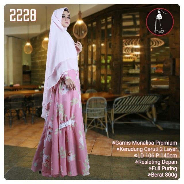 Gamis Monalisa motif Daun Premium -pink