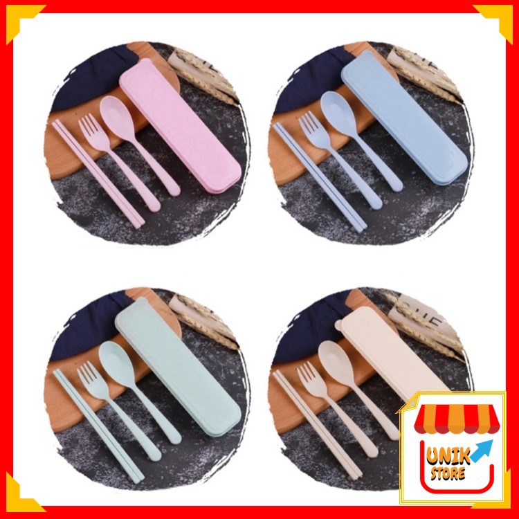 UNIK - H515 Sendok Set Garpu Sumpit + Kotak Bahan Jerami / Sendok Set 3 in 1 / Perlengkapan Makan
